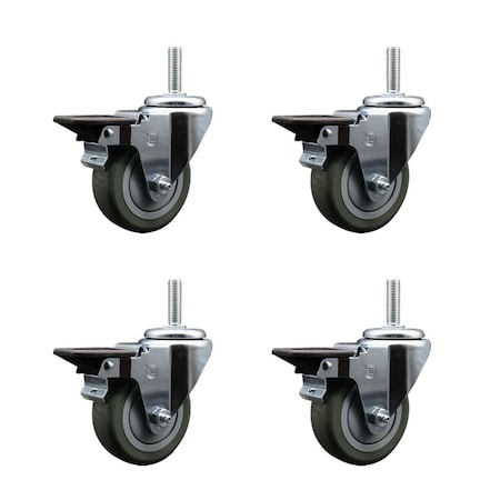 Service Caster 35 Inch Gray Polyurethane Wheel Swivel 58 Inch Threaded Stem Caster Set with Brake SCC SCC-TS20S3514-PPUB-PLB-58212-4